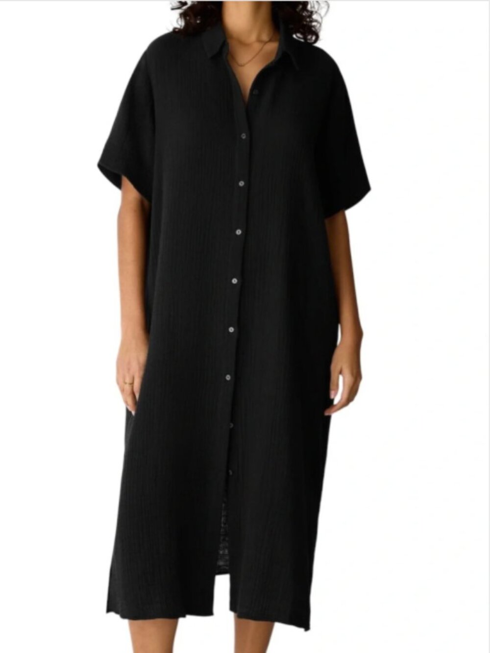 Eileen Fisher Lofty Crinkle Classic Collar Midi Shirtdress Black size X-Large